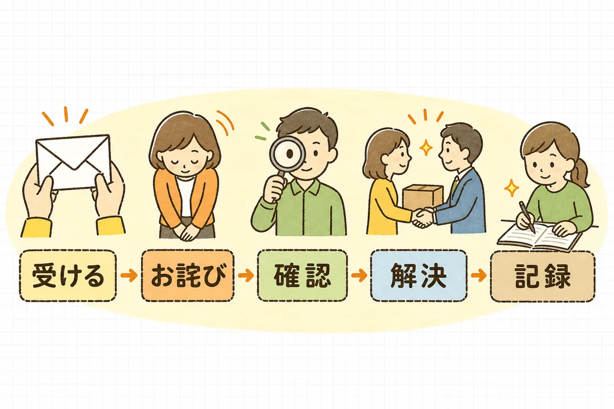 クレーム対応の5ステップ(受ける→お詫び→確認→解決→記録)を左から右へ順に並べた流れ図