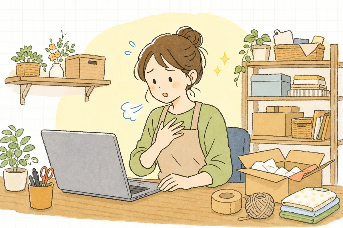 強い口調の問い合わせメールに一瞬手が止まりながらも、深呼吸して落ち着いて対応しようとしているEC担当者