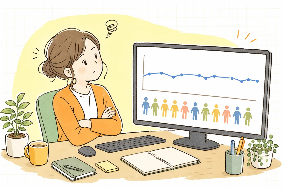 毎月の新規客は増えているのに売上のカーブが伸び悩み、グラフの前で「なぜ積み上がらないんだろう」と考え込むEC担当者の情景