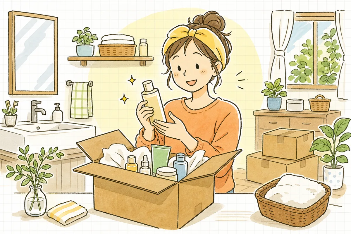 届いた化粧品の定期便を笑顔で開封し、安心して使い続けている人の様子