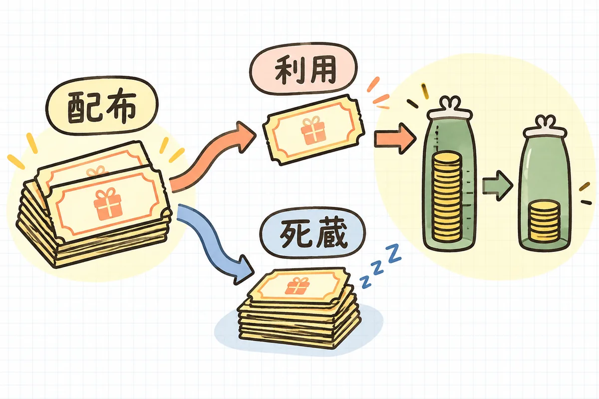 配ったクーポンが「使われた分」と「使われず眠る分(死蔵)」に分かれ、使われた分が原資を消化していく流れを、利用率と消化率の2つのものさしで見る概念図