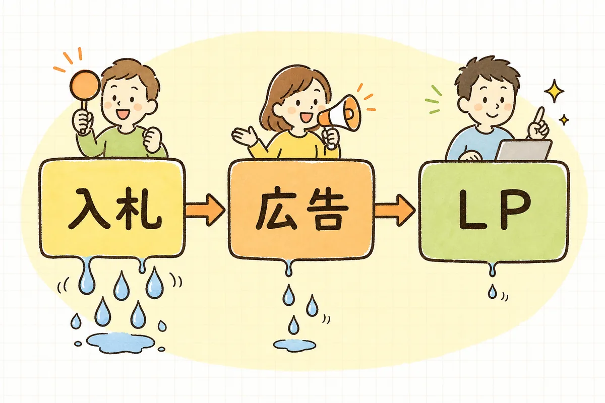 CPAを下げるために「入札・クリエイティブ・LP」の順で無駄を直していく流れを表した図