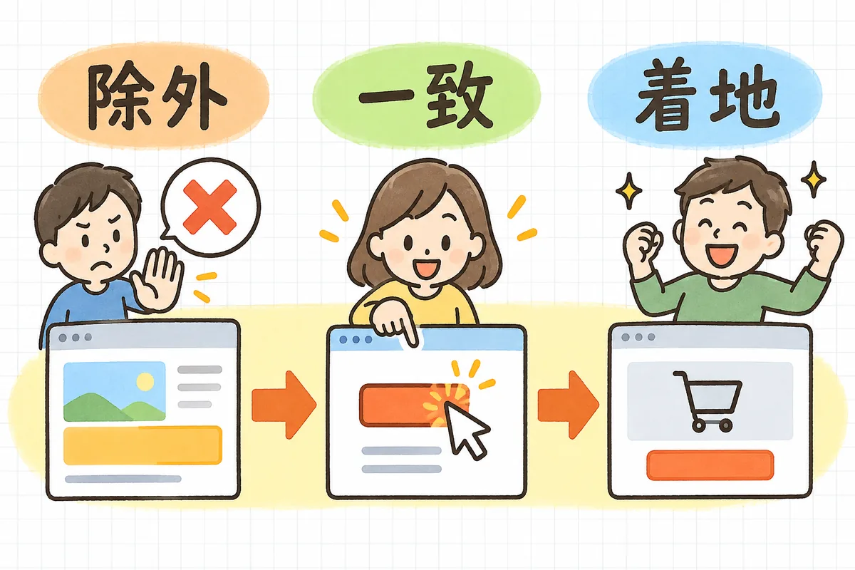 買わない人のクリックを止める「除外」、検索語と広告をそろえる「一致」、リンク先を検索意図に合わせる「着地」の3つの打ち手を、入口から購入までの流れに沿って並べた図