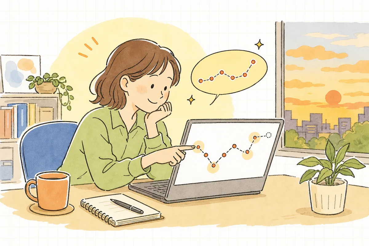 パソコンでお客様の訪問履歴をたどりながら、買う直前で迷っているお客様の気持ちに寄り添おうとするEC担当者の情景