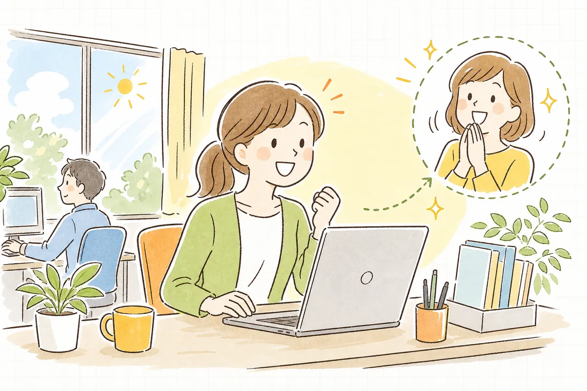 データから迷っているお客様の気持ちに気づき、ちょうどいいタイミングで一押しを届けられて笑顔になるEC担当者の情景