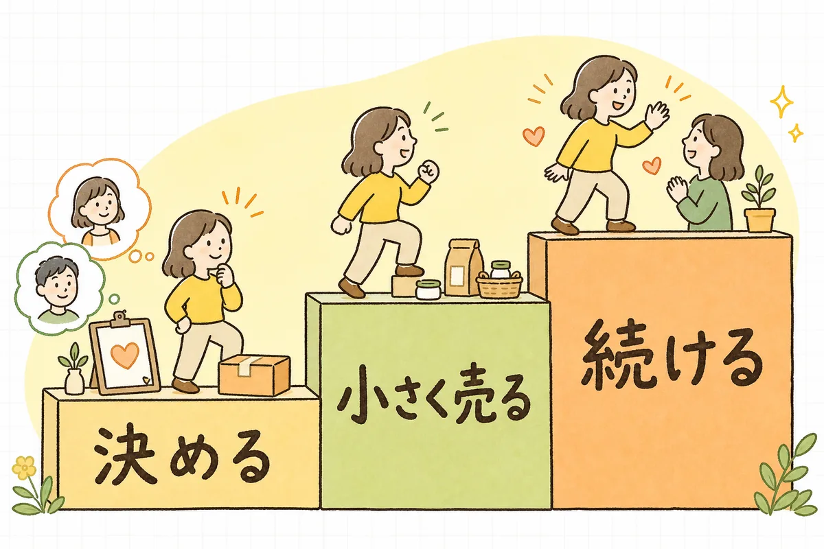 D2C立ち上げを「相手とらしさを決める・小さく作って売る・関係を続ける」の3段階に分け、左から右へ階段のように並べた素朴な図