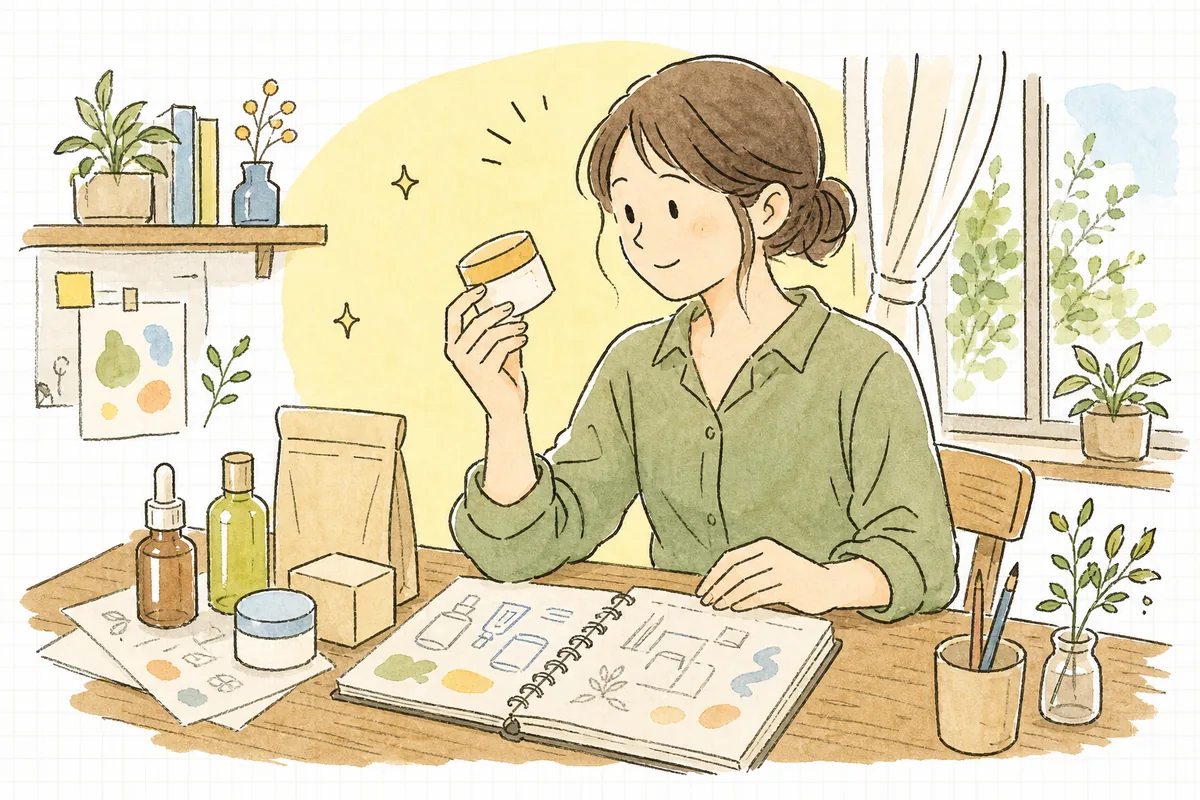 小さな作業机で、自分が手がけた商品のサンプルを手に取り、これから始めるブランドへの想いを胸に静かに前を見つめている個人事業のつくり手