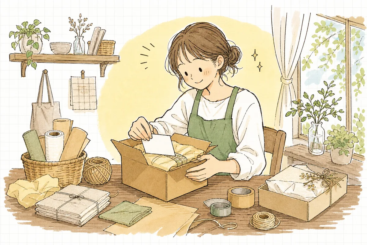 自分のブランドで初めて売れた商品を丁寧に梱包し、お礼状を添えながら、お客さんの顔を思い浮かべて穏やかに微笑んでいるつくり手