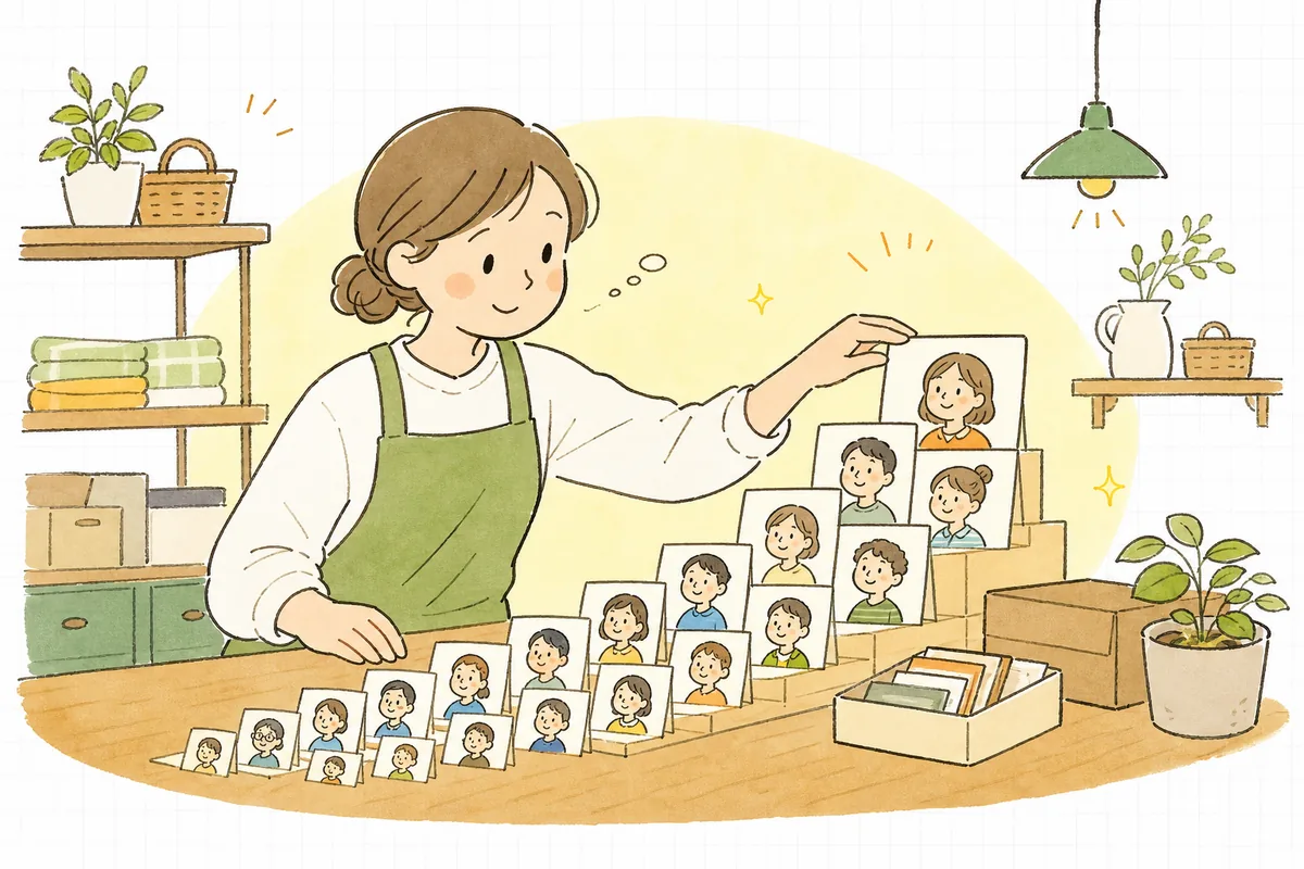 お店の担当者が、たくさんのお客さんカードを売上の大きい順に並べ、どのお客さんに力を注ぐかを落ち着いて考えている情景