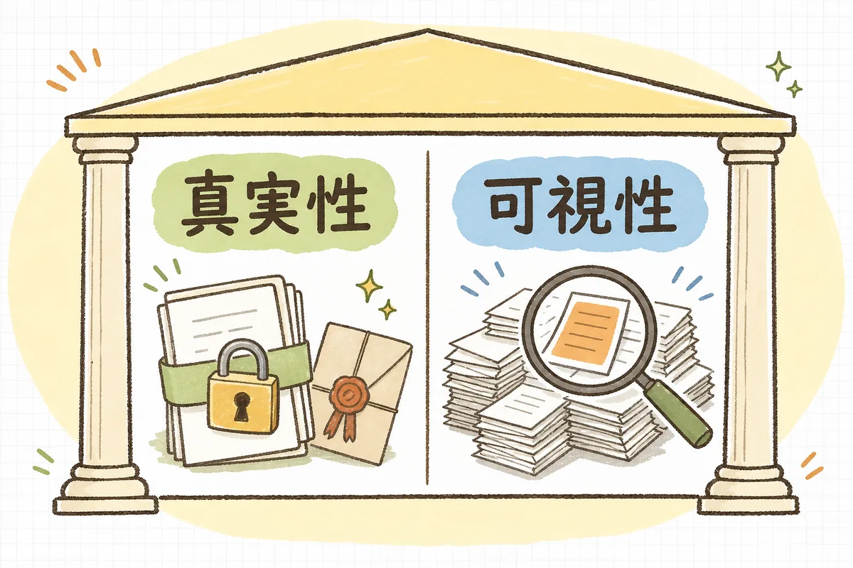 電子取引データの保存に必要な「真実性(改ざんできない)」と「可視性(すぐ探せる)」の2つの条件を左右に並べて示した図