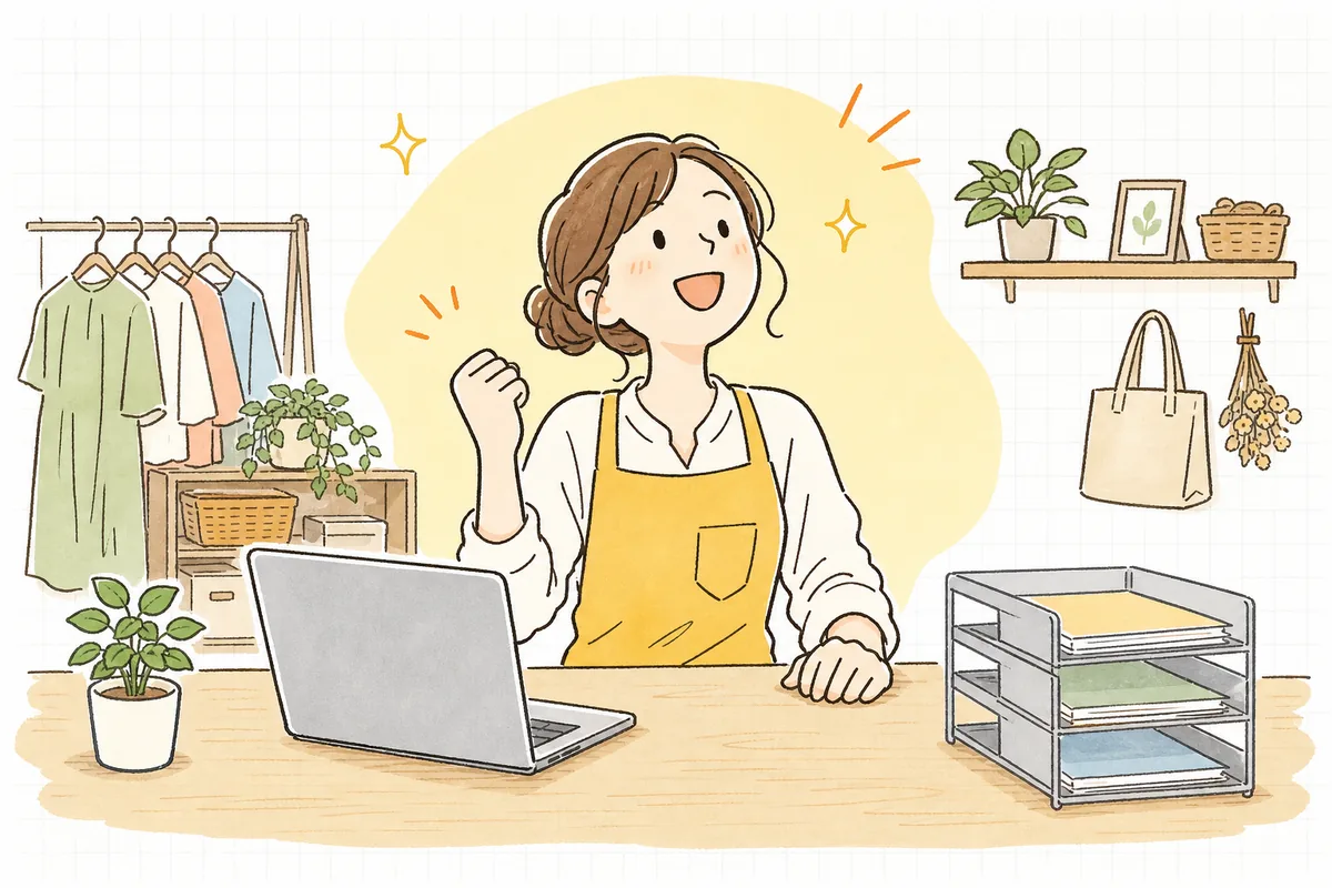 電子取引データの保存ルールを整え終えて、すっきりした表情で前を向くネットショップ店主