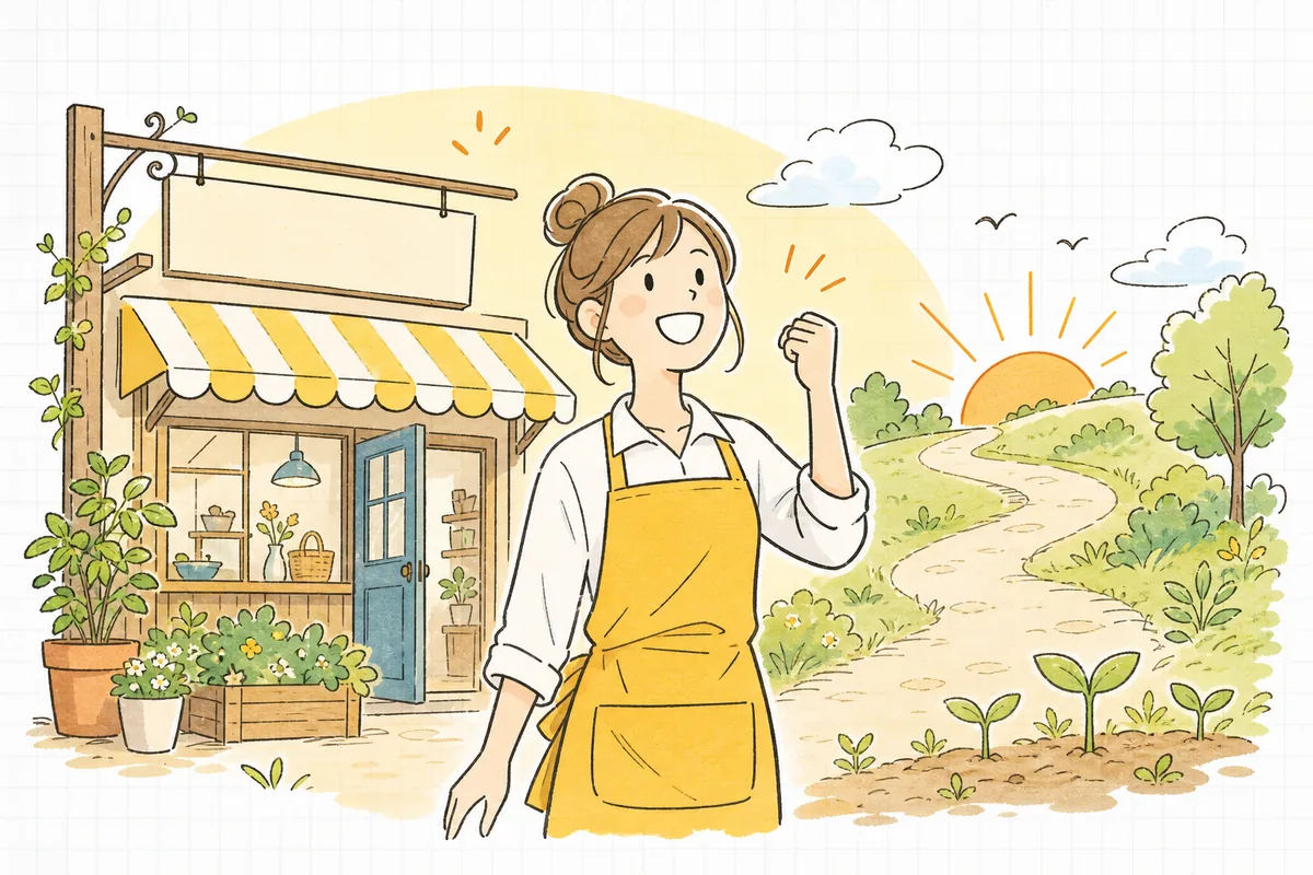 自分だけの住所(独自ドメイン)を掲げたネットショップを前に、晴れやかに前を向くお店の担当者