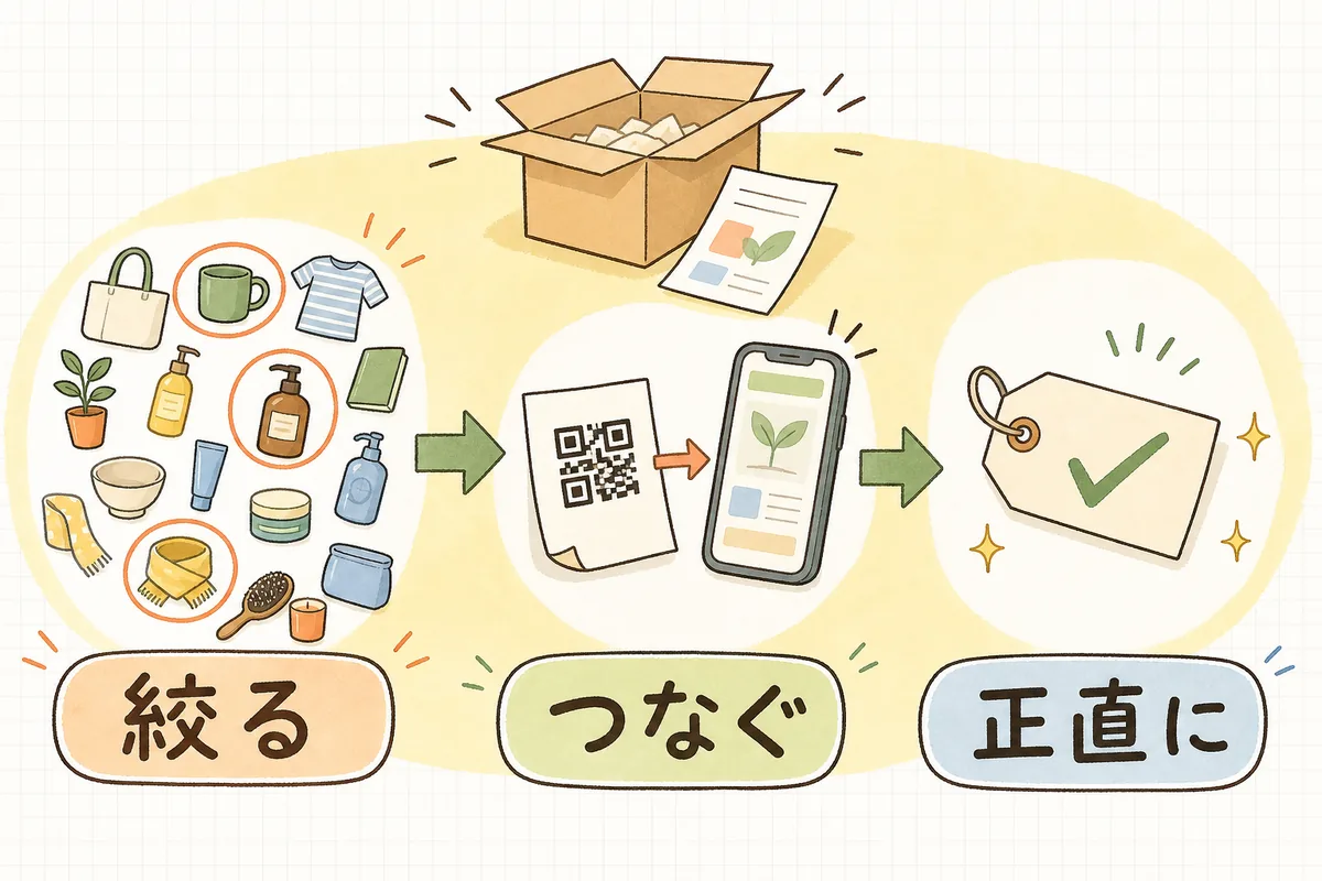 紙のクロスセルを「次の一品に絞る」「QRで導線をつなぐ」「特典と価格を正直に書く」の3ステップで組み立てることを示した図