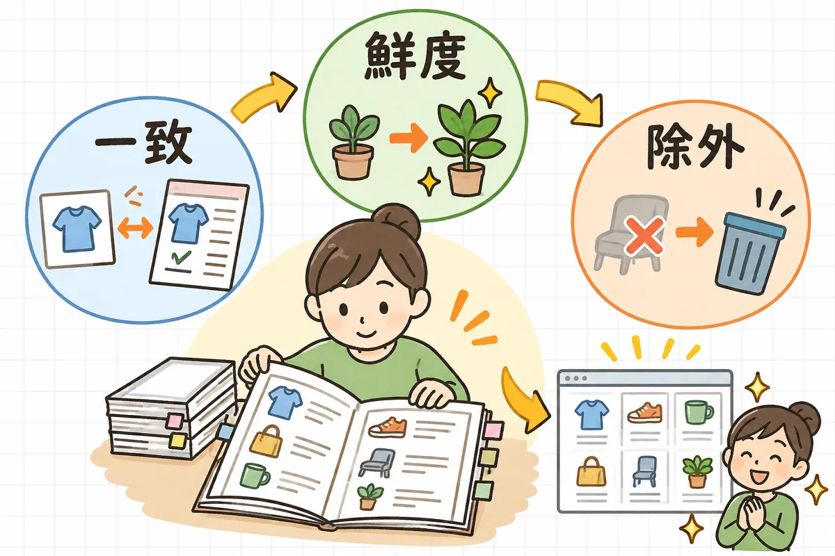 商品IDをサイトとフィードで一致させる「一致」、在庫と価格を毎日最新化する「鮮度」、出してはいけない商品を止める「除外」の3つの勘どころを、カタログを整える作業として順に並べた図