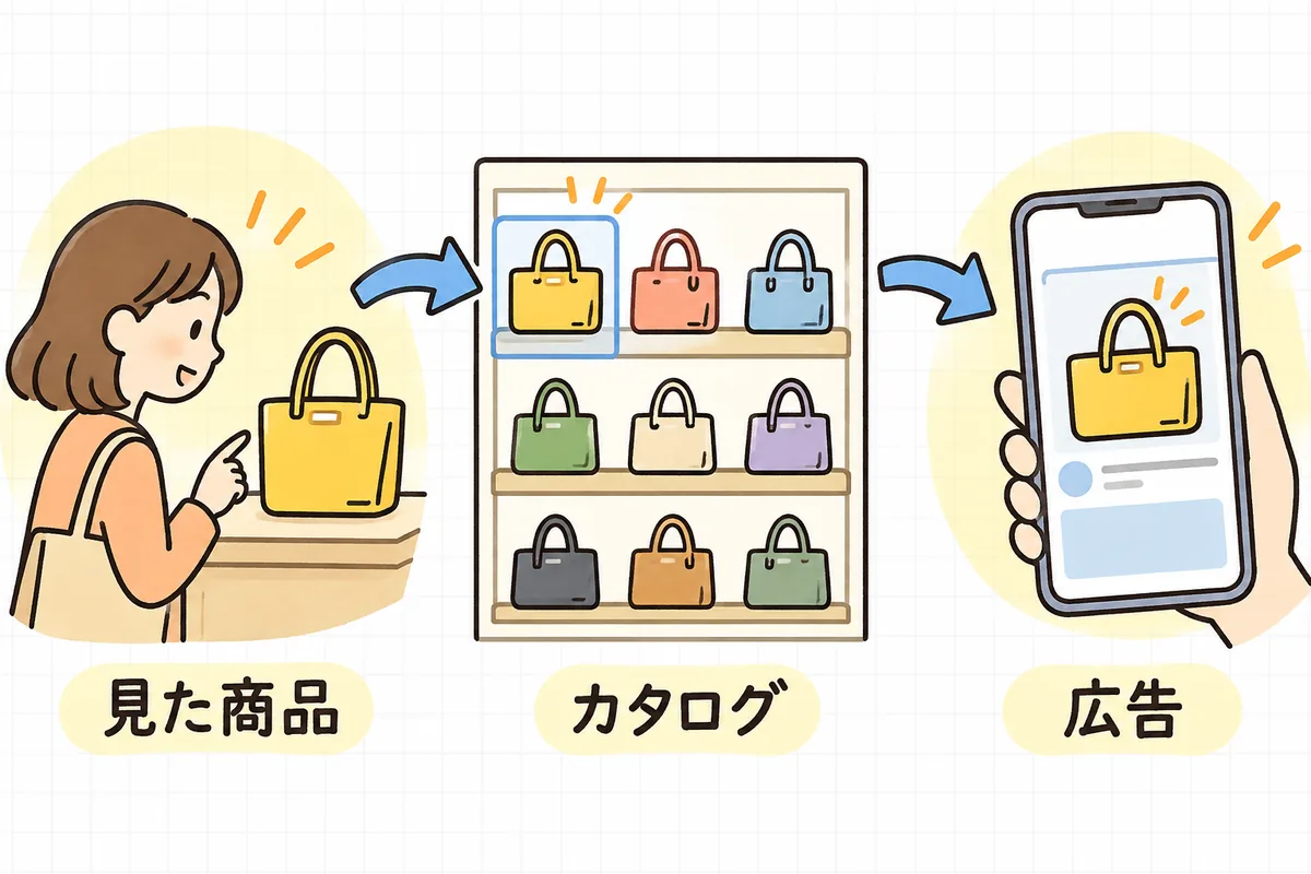 サイトのタグが伝える商品IDと、商品フィードの中の商品IDが一致すると、正しい画像・価格・在庫の広告が組み立てられることを、左の「見た商品」から右の「広告」へつなぐ流れで示した図