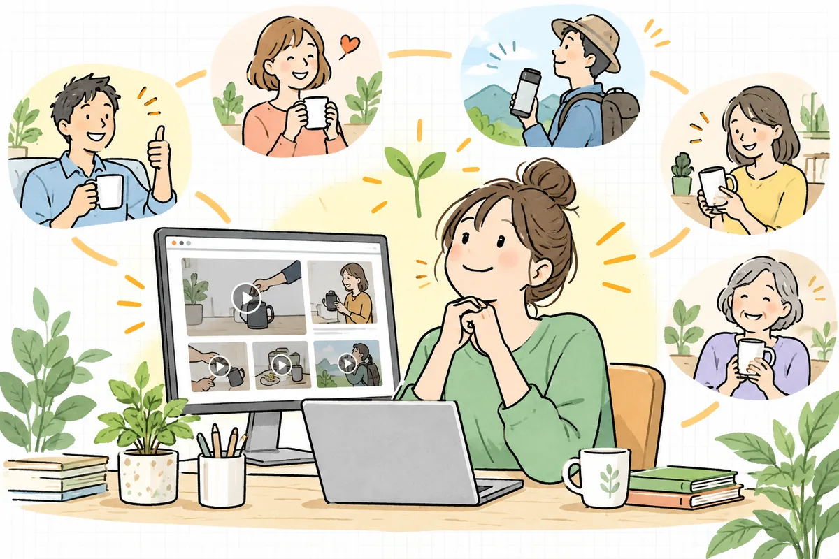 集まったお客さんの使用動画が並ぶ商品ページを前に、手応えを感じて晴れやかに前を向くEC担当者と、安心して買い物を楽しむお客さんたちの明るい情景