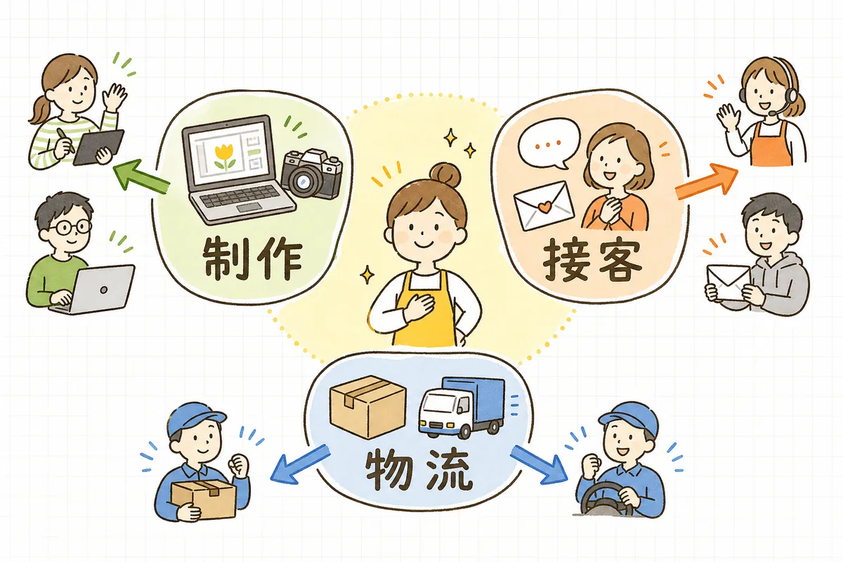 EC運営の仕事を「制作」「接客」「物流」に分け、それぞれ外注できる一方、中心にある店主自身の判断は手放さないことを示した図
