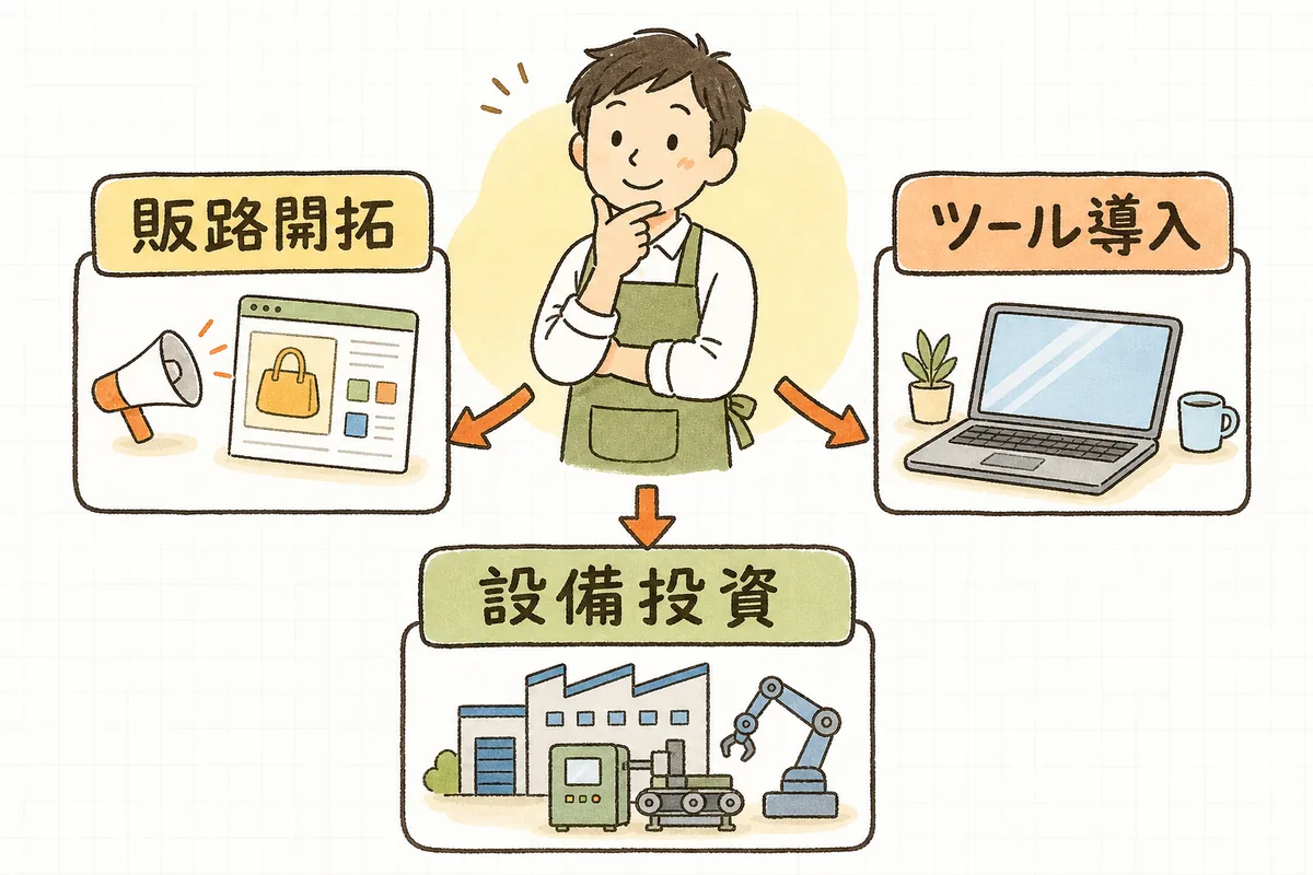 販路開拓は持続化補助金、ツール導入はIT導入補助金、というように使いみちで補助金を振り分ける様子を示した概念図