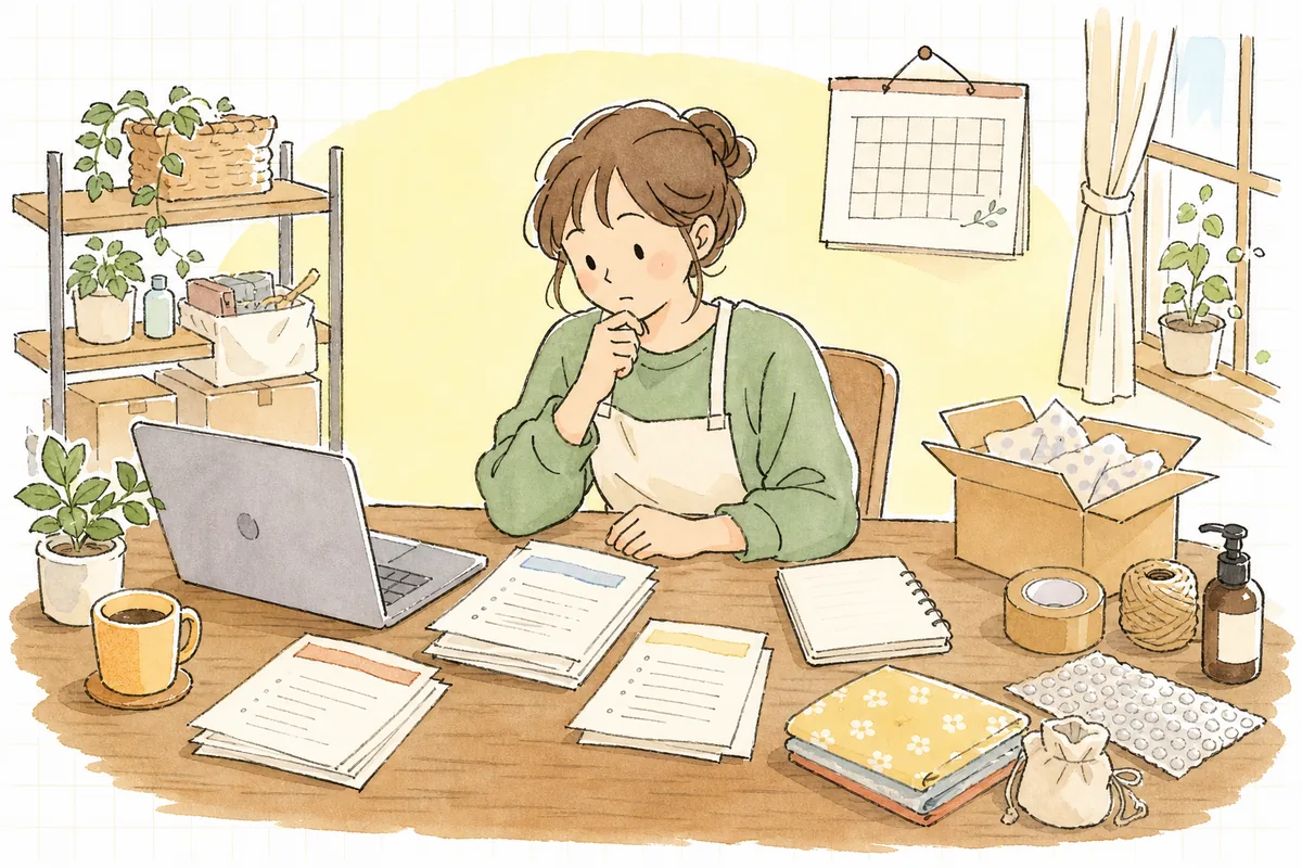 ネットショップの担当者が、法務まわりの書類やチェックリストを机に広げて、何から手をつけようか整理している様子