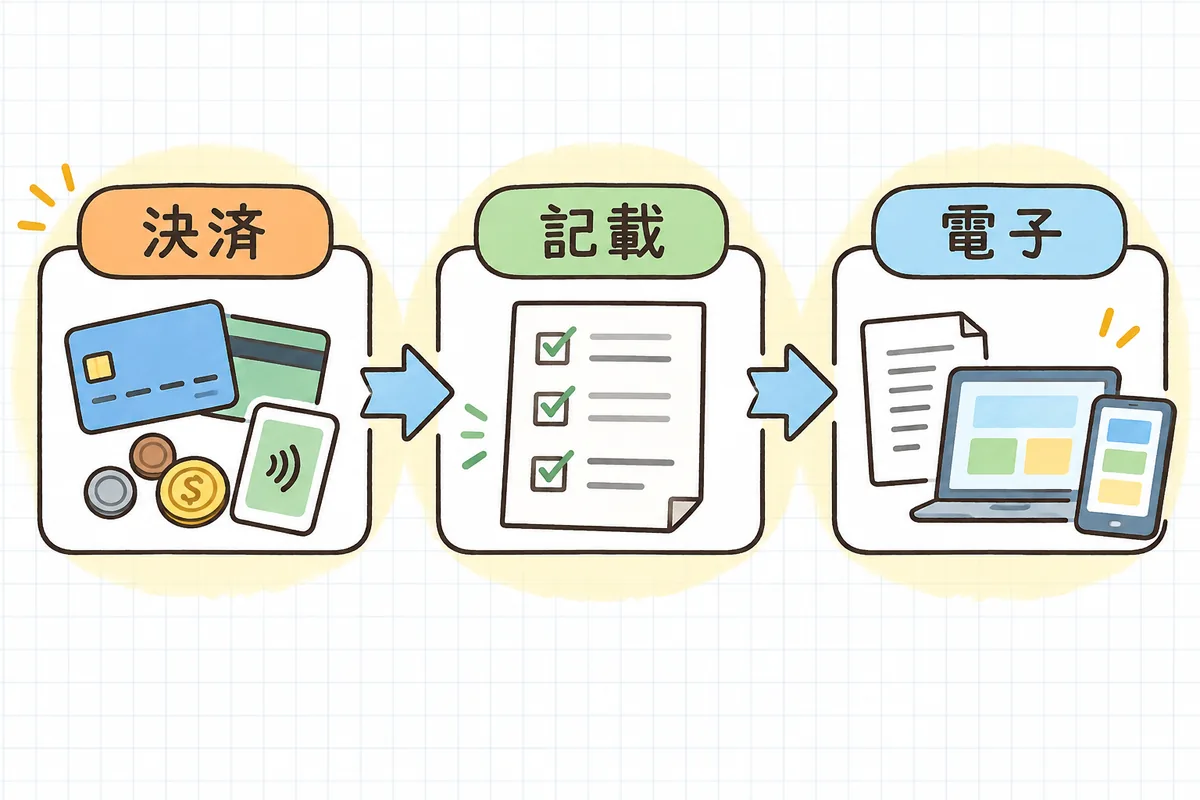 領収書を「決済方法で出し方を分ける」「記載5項目をそろえる」「電子と印紙の扱い」の3つのポイントに整理した図