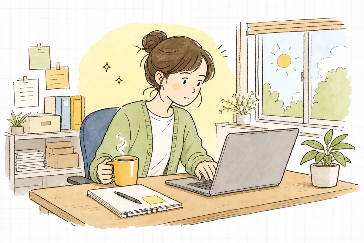 早朝の小さな事務所で、ノートパソコンの注文一覧を見ながら少し表情を引き締め、店と顧客を守るために落ち着いて対応を考えているECショップの担当者