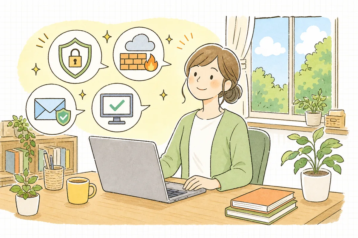 対策を一通り整えたあと、明るい店内のようなパソコンの前で安心した表情を浮かべ、これからも安心してお客さんを迎えようと前を向いているECショップの担当者