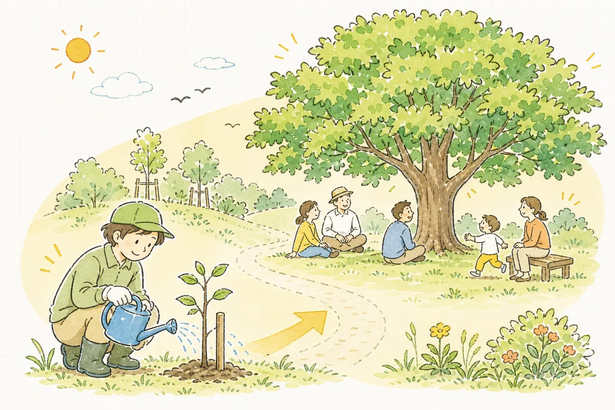 一本の若木を植えて育て、半年後に大きく育った木陰でお客さんが集う情景