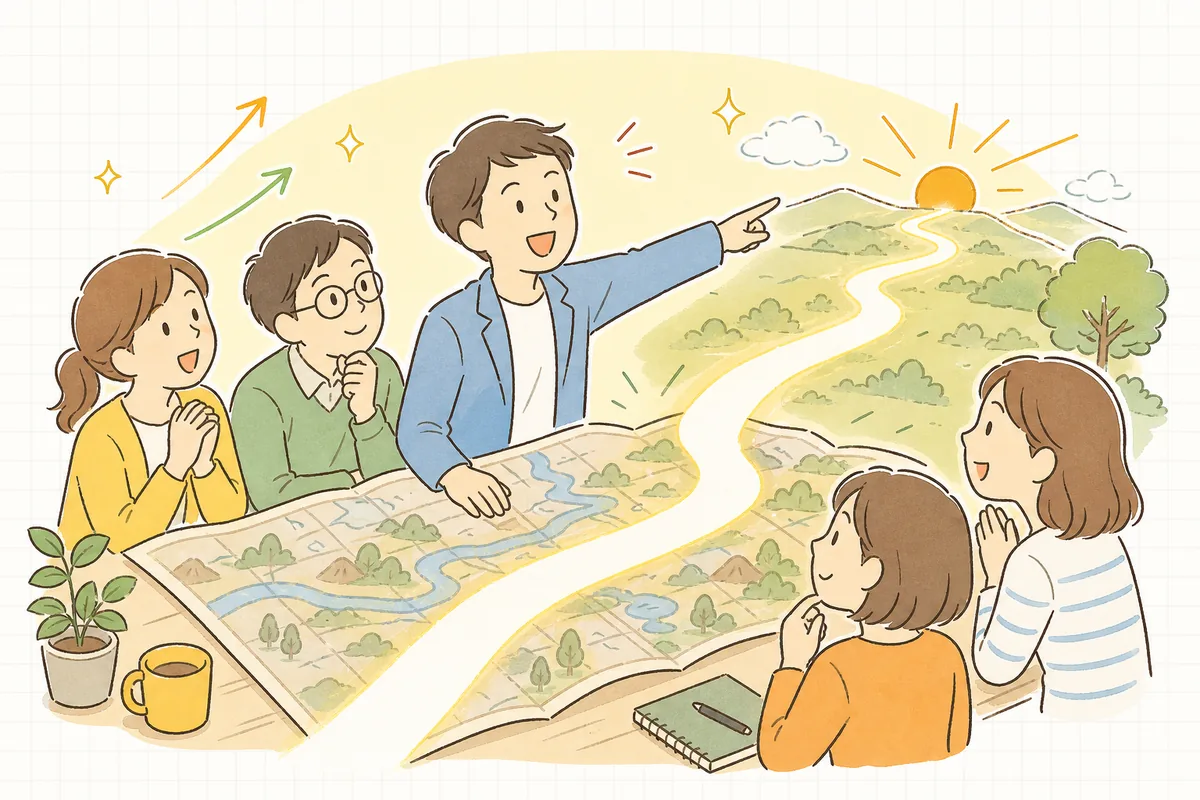 地図を広げ「ここです」と自信を持って答えられるようになった前向きなEC担当者の情景