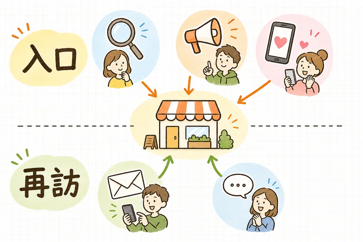 EC集客チャネルを「入口(SEO・広告・SNS)」と「再訪(CRM)」の2層に整理した地図