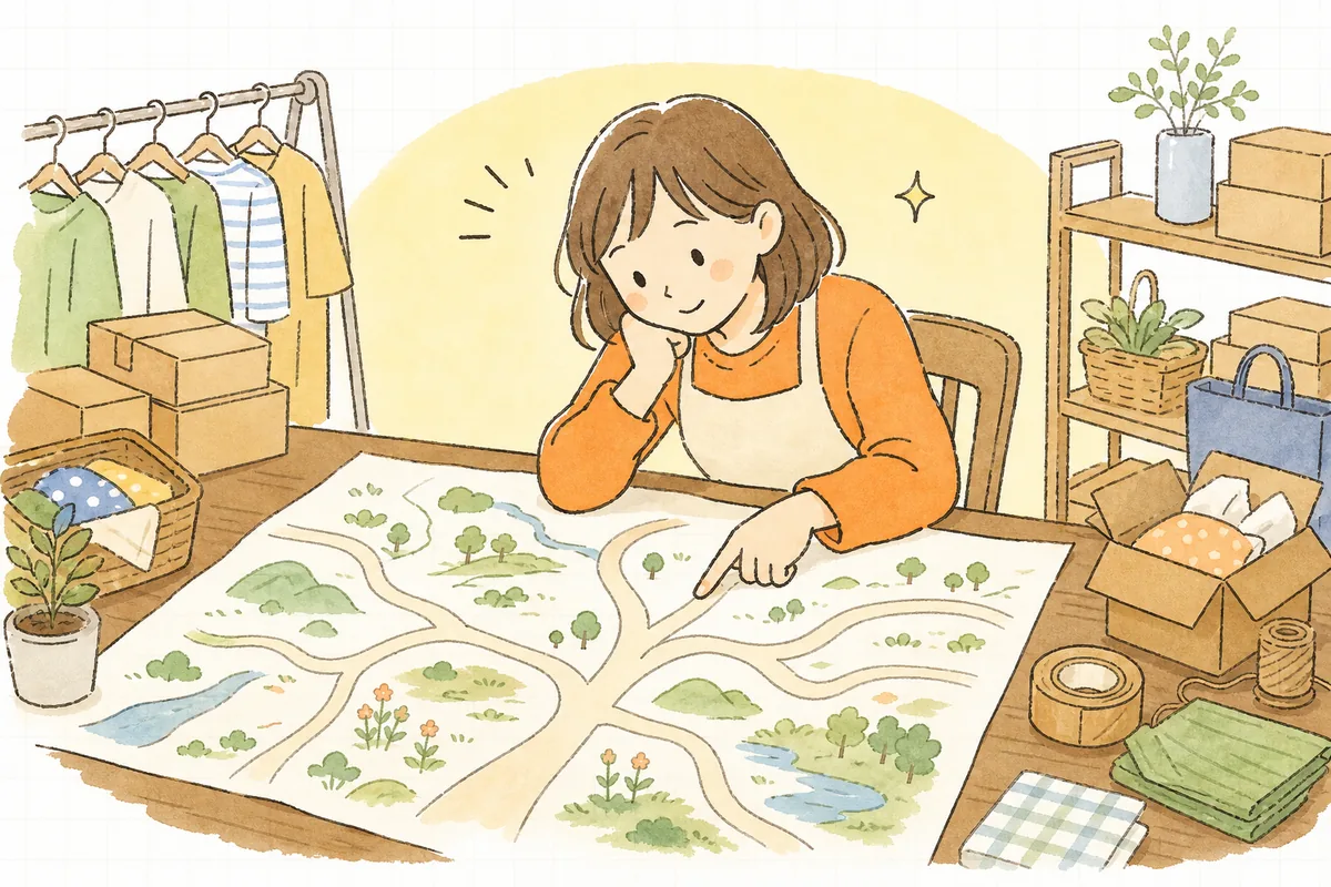 机に広げた一枚の地図を前に、自分の店に合った集客の道すじを探して前向きに考え始めたEC担当者