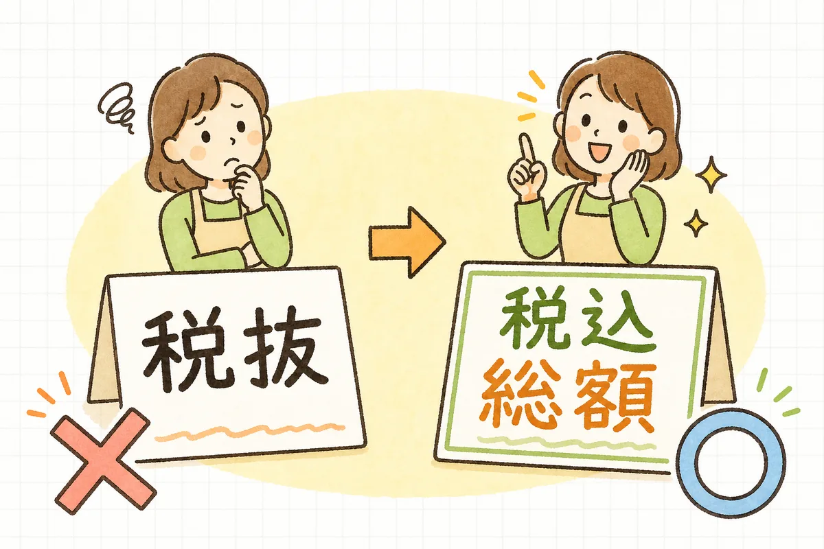 税抜価格だけの表示はNG、税込（総額）が分かる表示はOK、という価格の見せ方の違いを示した図