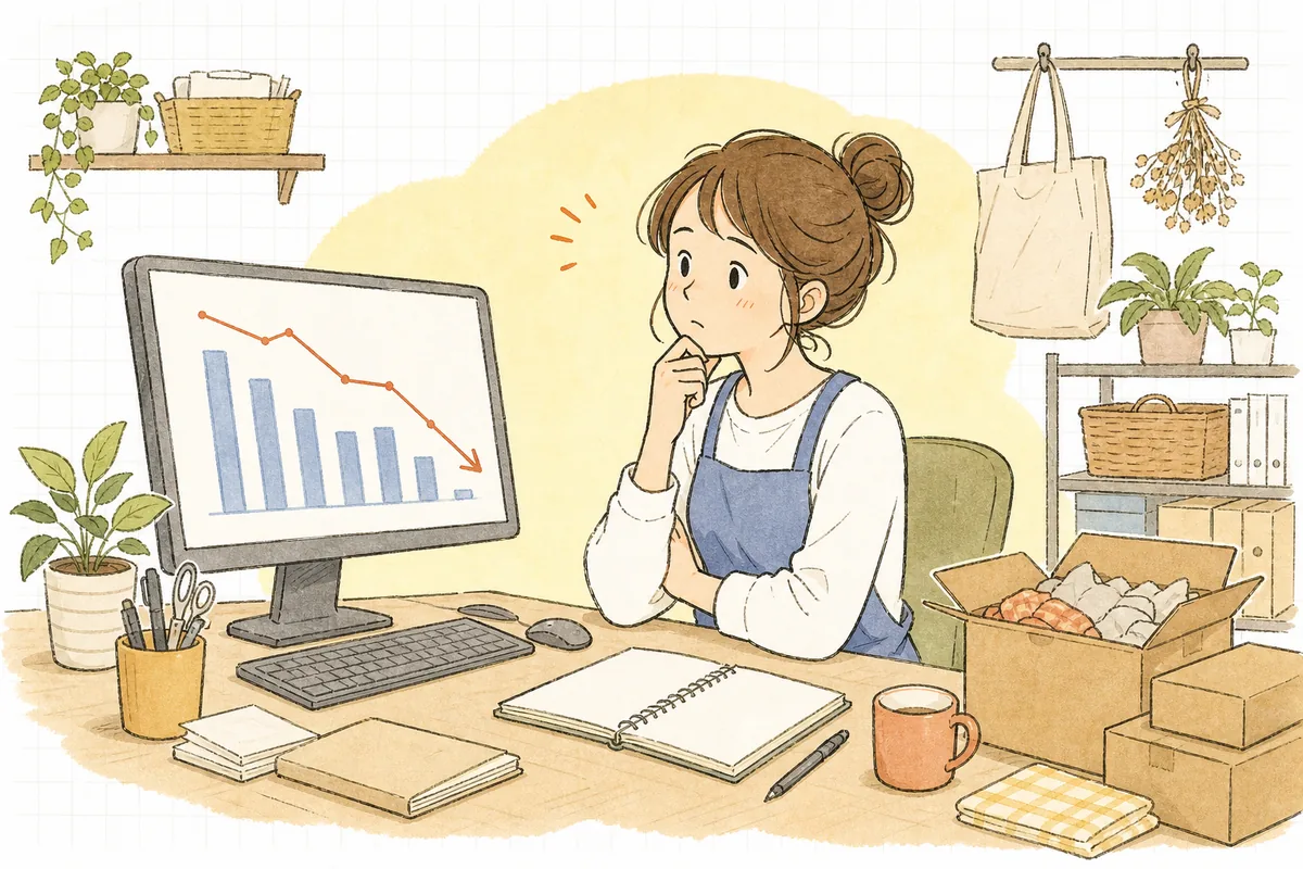 下がった売上グラフを前に、何から手をつければいいか分からず一人で考え込むEC担当者の情景