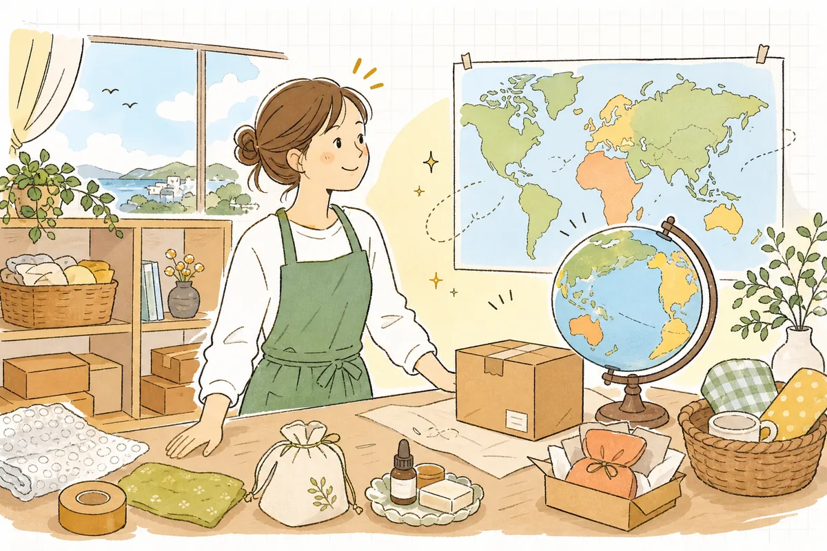 日本の小さなネットショップの担当者が、地球儀や世界地図を前に、海外のお客さんへ商品を届けようと期待に胸をふくらませて一歩を踏み出そうとしている情景