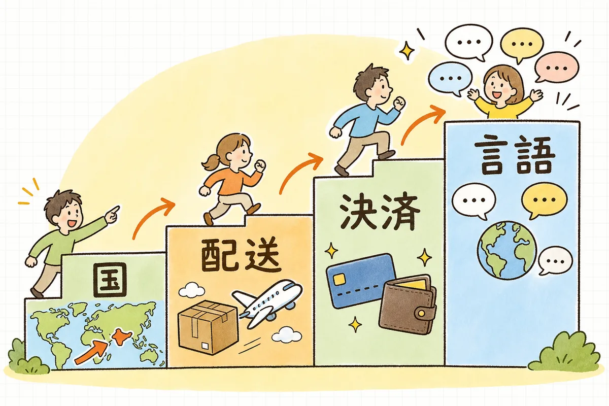 越境ECを「国・配送・決済・言語」の4ステップで順に整えることを示す概念図