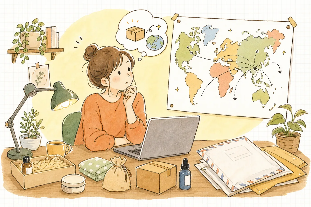 海外からの注文メールを前に、世界地図を眺めながら「どう届ければいいんだろう」と考え込むEC担当者の情景