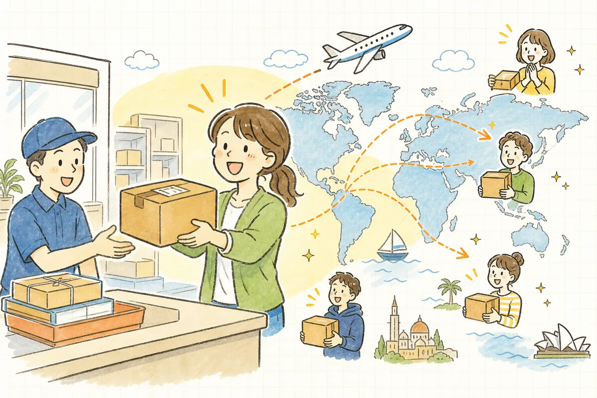 海外への初めての荷物を送り出し、世界とつながる手応えに前を向くEC担当者の情景