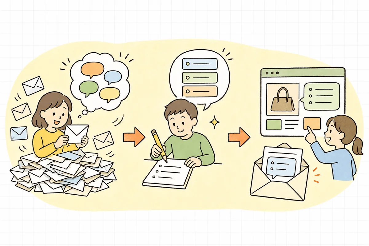 問い合わせを減らすFAQ整備の3ステップ(質問を集める→答えを書く→お客さんが見る場所に置く)を順に並べた構成図