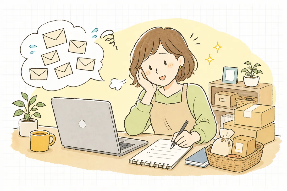 何度も届く同じ質問のメールに少し疲れながらも、FAQを整えて前向きに対応を改善しようとしているEC担当者