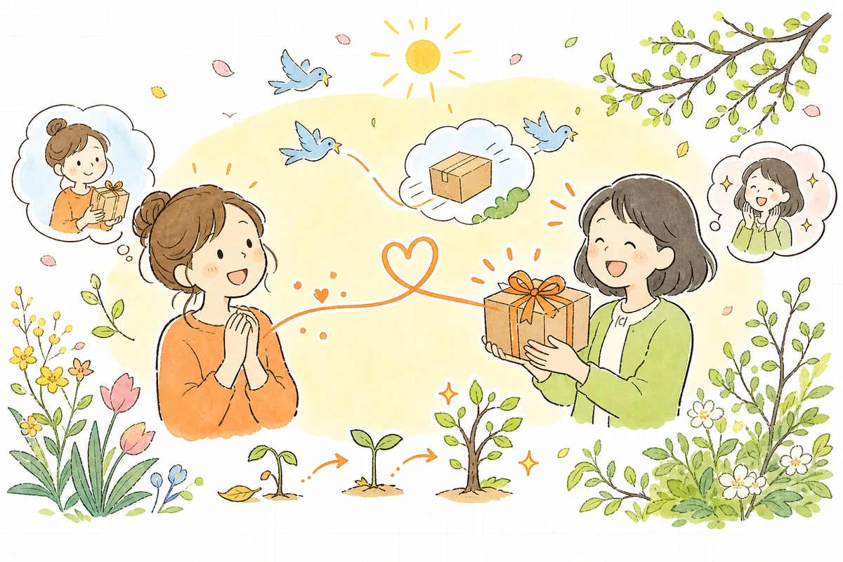 不安が消え、贈り物が無事に届き、贈り手も受け取り手も笑顔になる前向きな情景