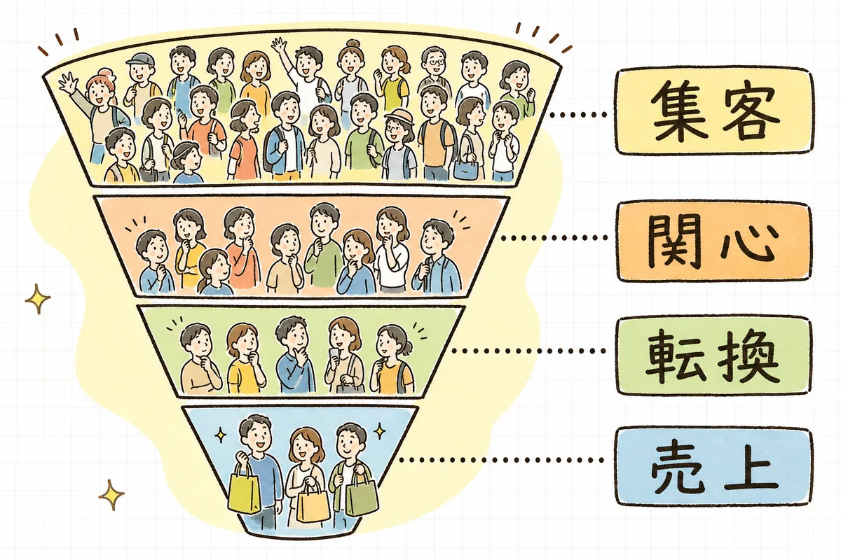 集客・関心・転換・売上の4段階が上から下へ漏斗のように細くなり、各段階で人が減っていく流れを示した概念図
