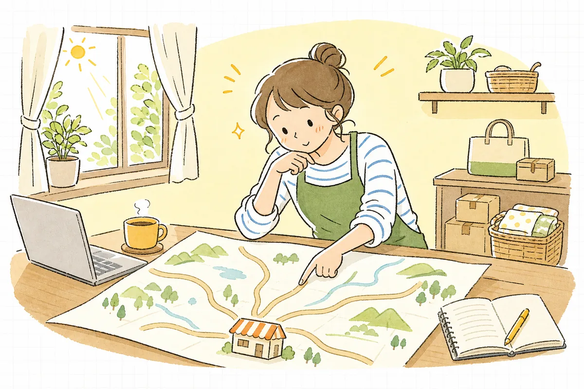 一枚の地図を広げて、お客さんが「どの道から自分のお店に来たのか」をたどろうとしているEC担当者の情景