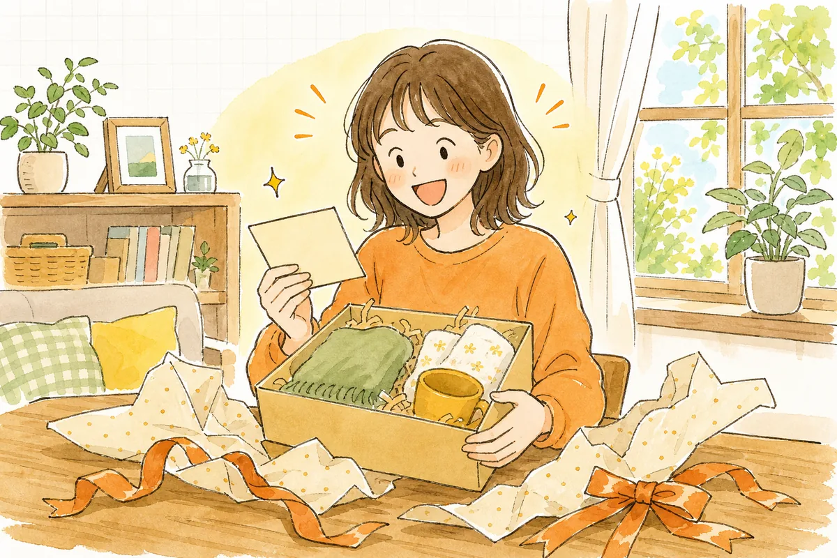 届いた贈り物の包みを開けて、うれしそうに笑顔になっている受け取り手