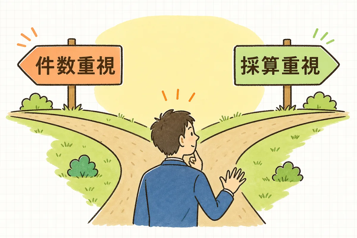 目的別に自動入札戦略を選ぶ流れを、件数重視と採算重視の分かれ道として示した図