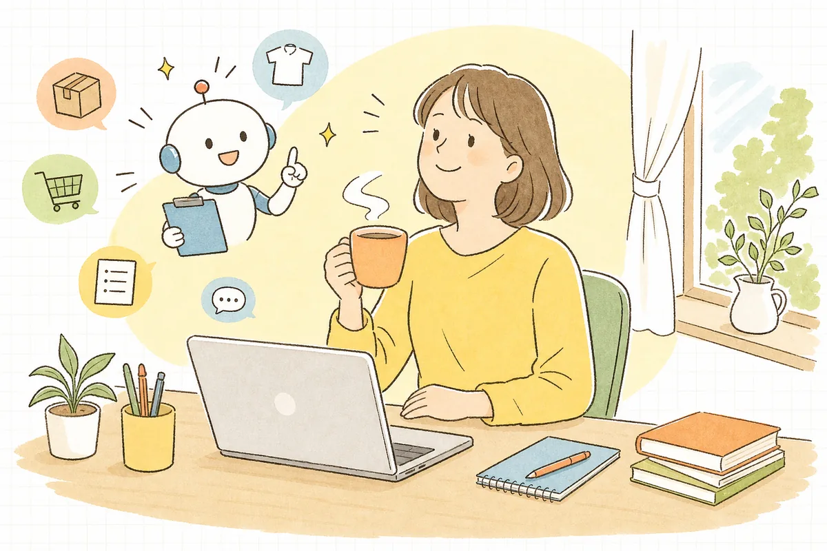 手作業の調整から解放され、余裕のある表情でパソコンの前でひと息つくEC担当者の明るい情景