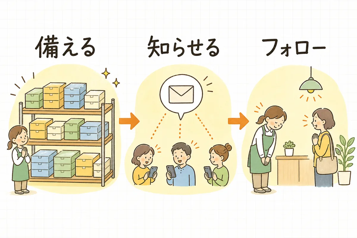 「備える(在庫)」→「先回りで知らせる」→「ていねいにフォロー」の3ステップで、配送遅延による不安を安心に変える流れを示した図