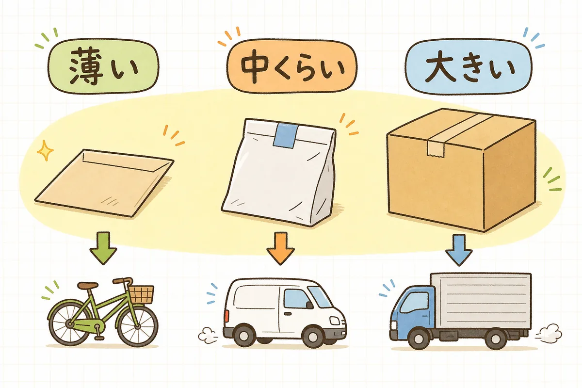 荷物を薄いもの・中くらい・大きいものの3段階に分け、それぞれポスト投函便・小サイズ便・宅配便に振り分ける図