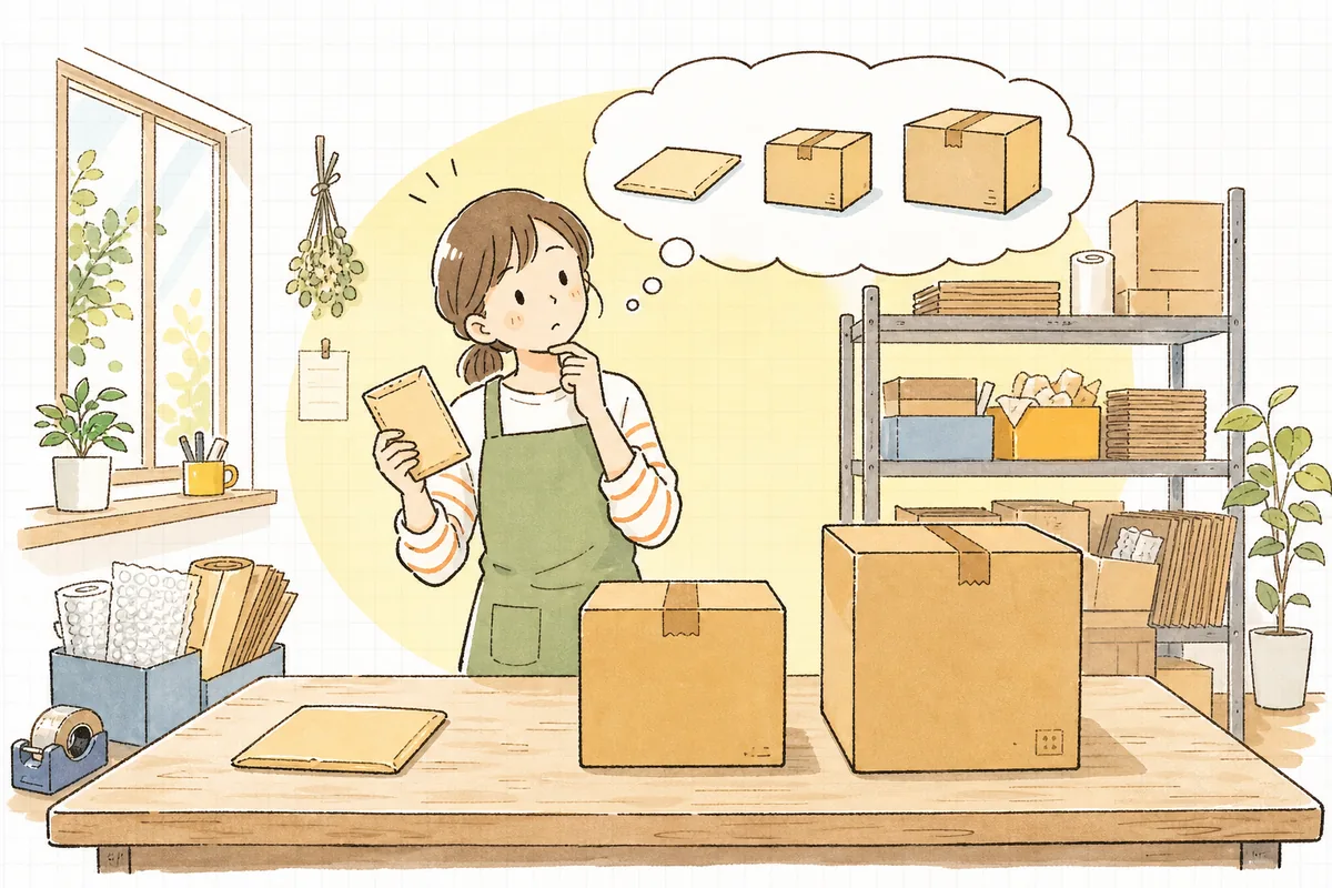 大小さまざまな荷物を前に、どの配送方法で送ろうか考えているEC担当者の様子