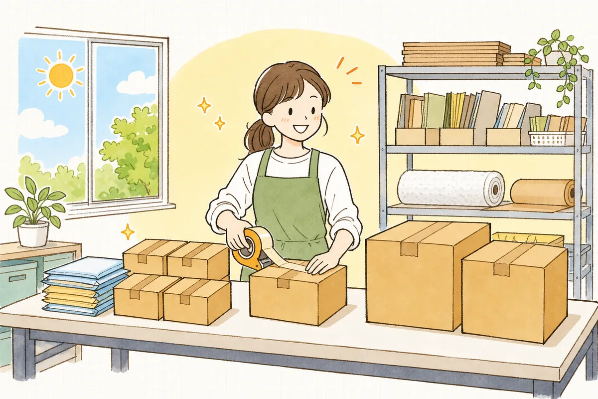 荷物ごとに送り方が整理され、すっきりした表情で出荷作業を進めているEC担当者の明るい様子