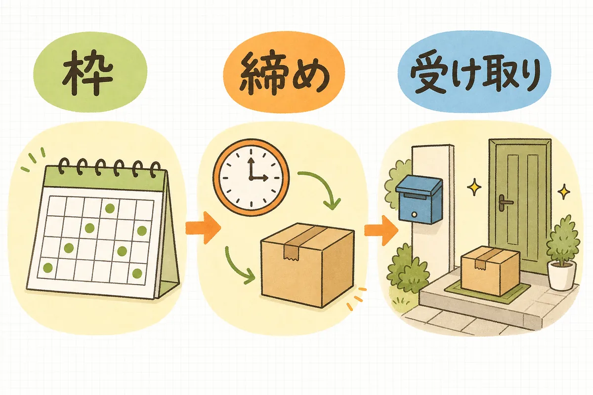 配送日時指定を「出せる枠を決める」「締め時間と最短お届けを見せる」「受け取りやすさを後押しする」の3ステップで設計することを示した図