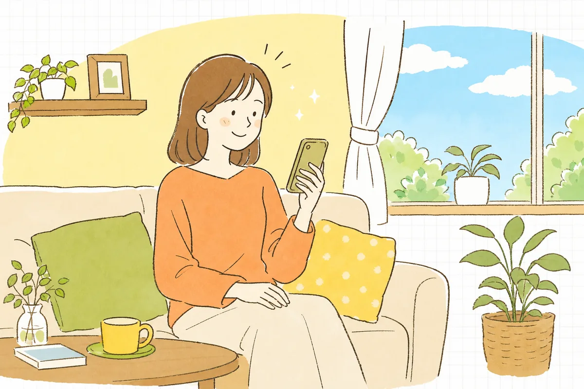 注文画面で自分の都合のよいお届け日時をゆったり選び、受け取りが待ち遠しくなっているお客さんの情景